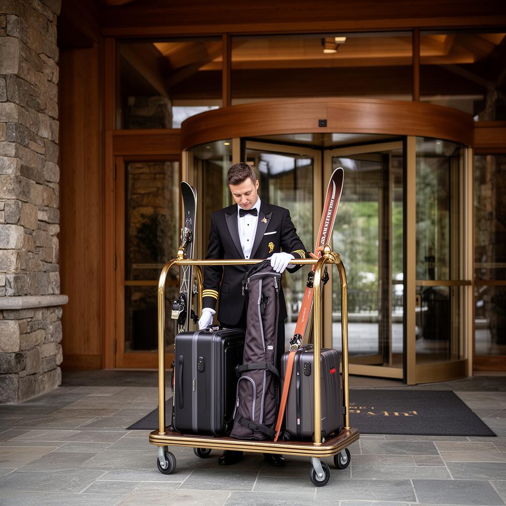 Hotel bellhop loading luggage and a ski bag onto a brass bell cart at a premium mountain hotel entrance
